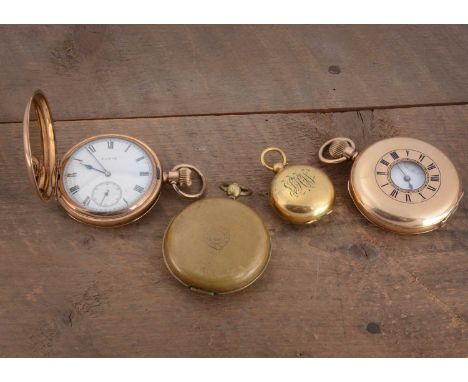 Two gold plated pocket watch and a sovereign case and a travel beaker, one a half hunter Waltham, appears to run, numbered 87