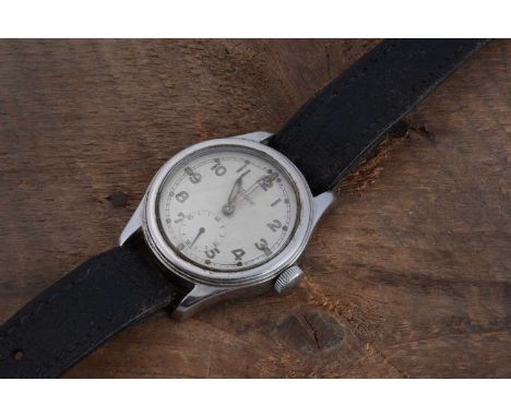 A WWII Timor manual wind Military issue stainless steel wristwatch, 36mm, silver coloured dial with subsidiary, appears to be