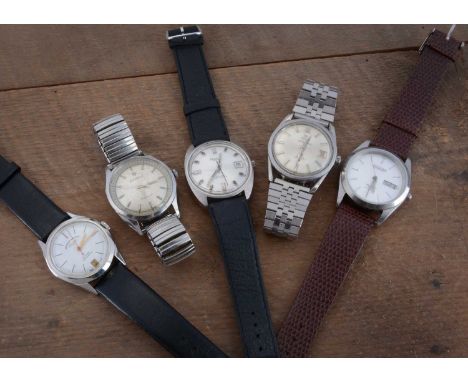 Five vintage and modern stainless steel automatic wrist watches,  including a Rone, a Cortebert Huntermatic, a Titoni , a wes