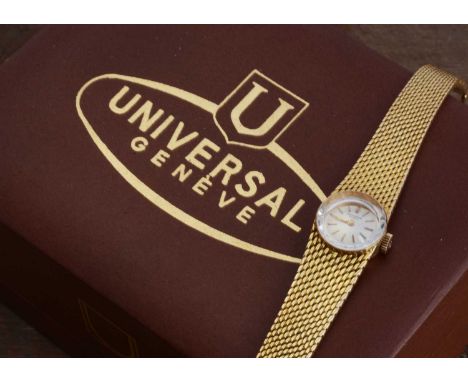 A 1960s Universal manual wind 14ct gold ladies wrist watch,  15mm at its widest, 33.3g, the circular dial in intergrated mesh