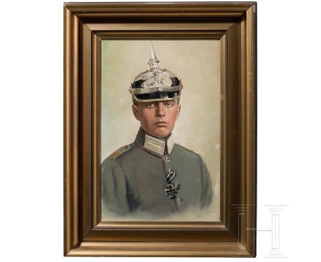 Portrait eines badischen Leutnants  Öl auf Leinwand (doubliert), rechts unten die Künstlersignatur "Renlow"(?). Bruststück in