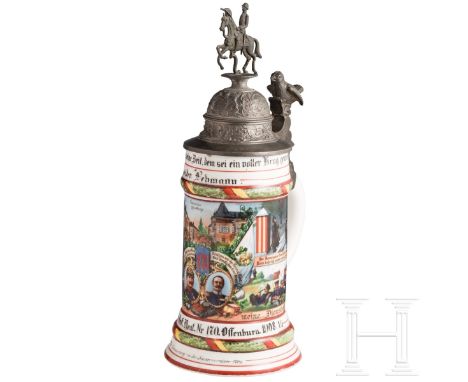 Reservistenkrug des Gefreiten Lehmann, 9. Badisches Infanterie-Regiment Nr. 170, Offenburg, 1908 - 1910  Halbliterkrug aus Po