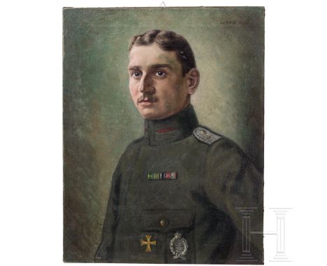 Portrait eines Leutnants der Fliegertruppe, datiert 1918  Öl auf weiß grundierter Leinwand, rechts oben die Künstlersignatur 