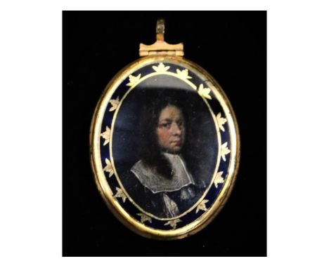 A 17thC. oil miniature portrait of gentleman in black coat &amp; lawn collar set within a glazed gilded &amp; gilt frame, ima