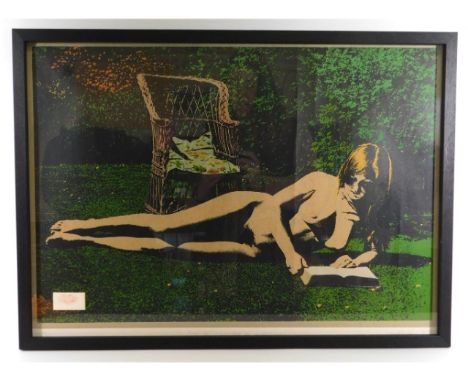 A framed hand signed limited edition 19/20 David Inshaw 1972 silkscreen print "Julies Lips Girl Reading An Encyclopedia", 28.