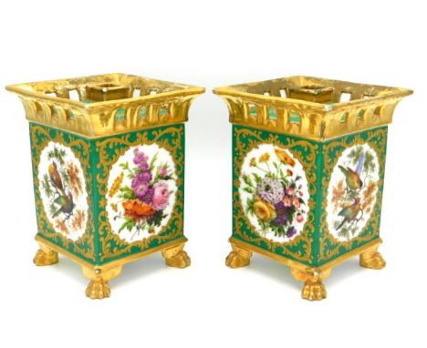 A pair of 19thC. Paris porcelain lidded bulb pots, each with gilded decor &amp; four hand painted panels, some faults, 6in ta
