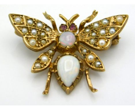 A 9ct gold moth brooch set with opal, pearl &amp; small pink stones for eyes, 26mm wide, 3.7g