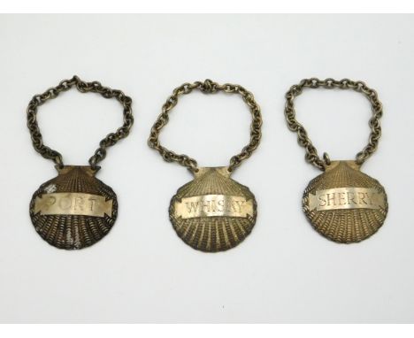 Three 1973 Birmingham silver heavy gauge Sherry, Port &amp; Whisky decanter labels by J. B. Chatterley &amp; Sons Ltd. 149.5g