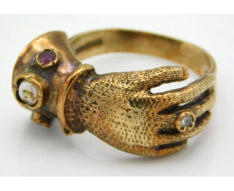 A 9ct gold glove ring set with opal, ruby &amp; diamond, opal has chip, size P/Q, 6.3g 