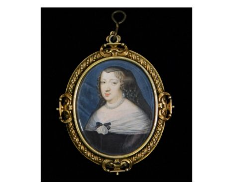 A 17thC. miniature portrait of Anne of Austria, wearing a black dress, a widow's cowl &amp; pearl rope, set in decorative cha