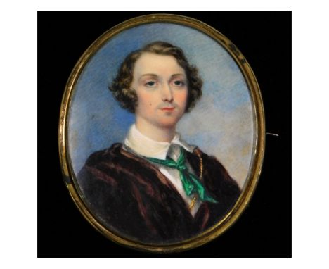 James Warren Childe (1780-1862), a miniature portrait of a gentleman in brown fur cloak with green scarf, set in gilt framed 
