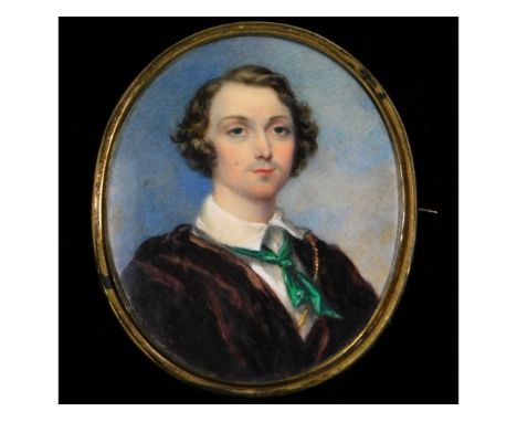 James Warren Childe (1780-1862), a miniature portrait of a gentleman in brown fur cloak with green scarf, set in gilt framed 