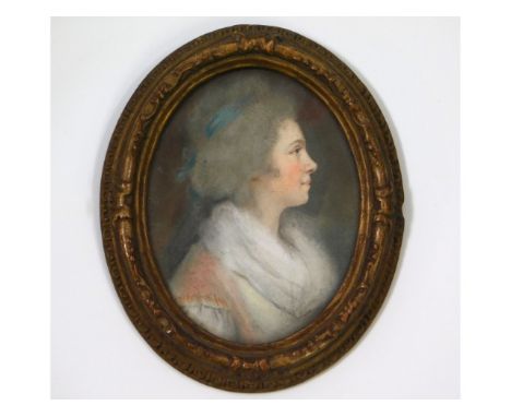 John Russell (1745-1806), a miniature pastel portrait of a lady wearing pale pink dress &amp; blue ribbon in her hair, set wi