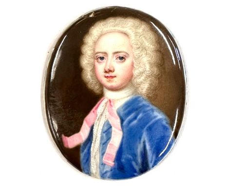 William Prewett (British, active 1735-1755), an enamel miniature portrait of Henry Stuart wearing lace-trimmed blue velvet co