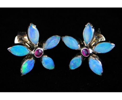 A pair of 9ct gold opal &amp; ruby floral earrings, 3.2g 