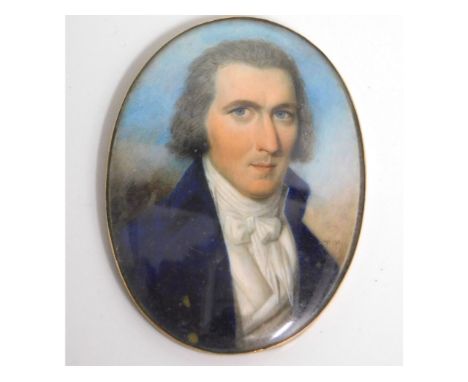 Thomas Hargreaves (1775-1846), a miniature portrait of a gentleman wearing a dark blue coat &amp; white cravat. Image size 68