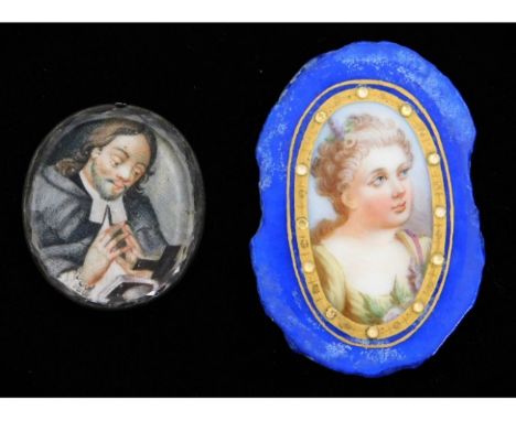 A small 18thC. miniature watercolour of a cleric, set in white metal with faceted glass, measures 23mm x 21mm, twinned with a