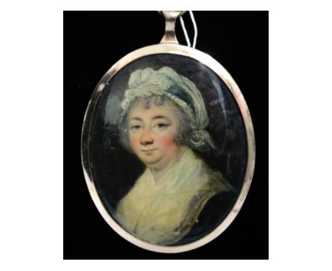 An 18th/19thC. miniature oil portrait of a lady wearing lace cap &amp; shawl with black dress, painted on bone, set in gilt m