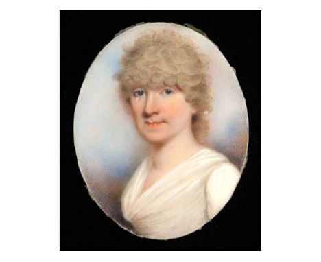 In the style of Andrew Plimer (1763-1837), watercolour miniature portrait of woman with powdered hair &amp; white silk dress,