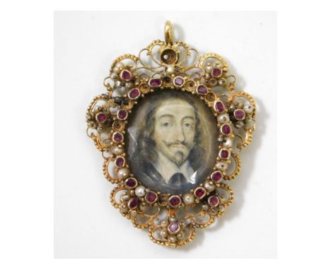 John Hoskins (1590-1665), a miniature portrait of Charles I set within a bejewelled 18ct gold (electronically tested) filigre