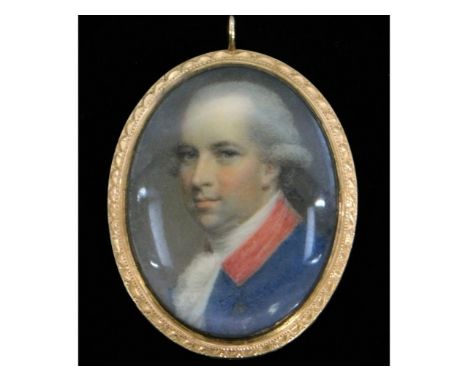 Samuel Shelley (1750-1808), a miniature portrait of a man with powdered hair, wearing a blue jacket with red collar &amp; a w