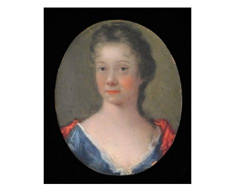 In the style of Samuel Cotes (1734-1818), a miniature portrait of a woman with blue satin dress &amp; red epaulettes, sold wi