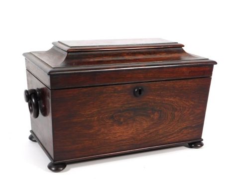 A 19thC. rosewood tea caddy with wooden handles, measuring 15in wide x 7.5in deep x 8.75in high 