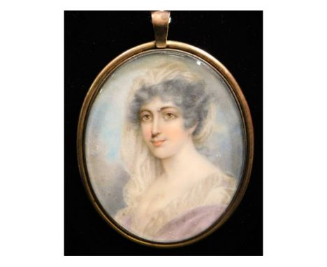 George Chinnery (1774-1852), a miniature portrait of a Lady Dungannon, 1803, wearing white &amp; lilac dress with lace scarf 