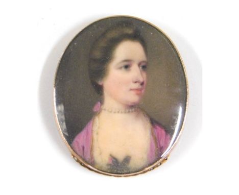 Samuel Cotes (1734–1818), an enamel miniature portrait of lady wearing lilac dress &amp; pearl necklace set in 9ct gold clip 