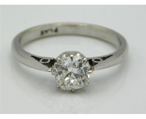 A 1920s platinum cushion cut diamond solitaire ring of approx. 1ct, diamond size 5.85mm x 5.5mm x 4mm, estimated colour, J/K,