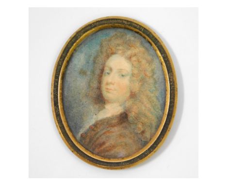 A Georgian watercolour miniature portrait gentleman wearing powdered wig &amp; brown coat, possibly incomplete. Image size 62