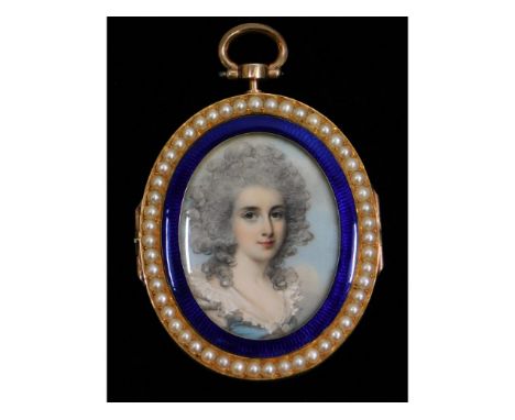 George Engleheart (1750-1829), a miniature portrait of a lady wearing powdered hair &amp; a light blue dress with frilled col