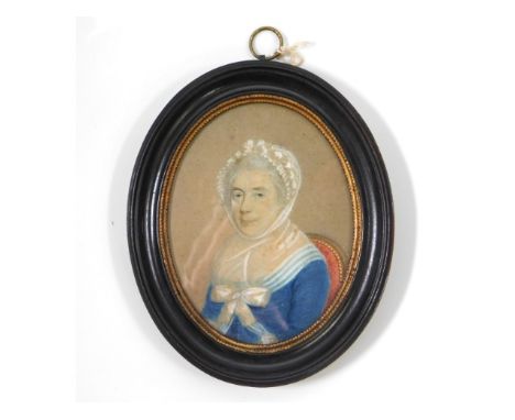 A 19thC. miniature watercolour portrait of lady in bonnet &amp; blue dress, sat in chair. Image size 98mm x 76mm. Ivory Exemp