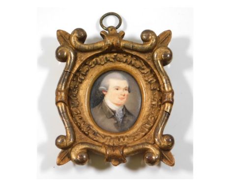 In the style of Richard Crosse, a miniature portrait of Michael O'Connor MP set within a carved giltwood frame. Image size 35