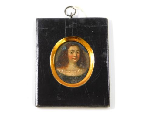 A c.17th/18thC. Spanish miniature oil portrait of young woman on heart shaped tin panel, framed. Image size 44mm x 36mm. Prov