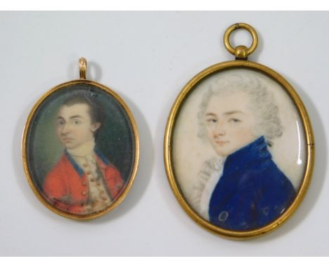 A portrait of gentleman in blue coat with powdered hair set within a gilt frame, image size 43mm x 36mm, twinned with a portr