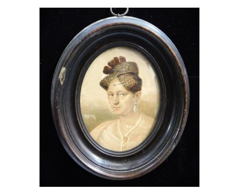 A 19thC. sepia miniature portrait of lady wearing "grand tour" jewellery &amp; head scarf. Image size 84mm x 64mm. Ivory Exem