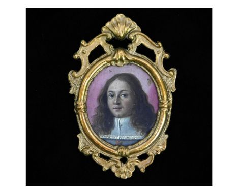 A gilt framed 17thC. Dutch school miniature oil portrait of gentleman with long hair &amp; lilac background, painted on gold.