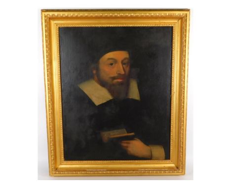 A 17th/18thC. oil on oak panel portrait of a cleric, titled top right, "aetan sua 49, a.dni. 1649", image size 23.75in x 19.5