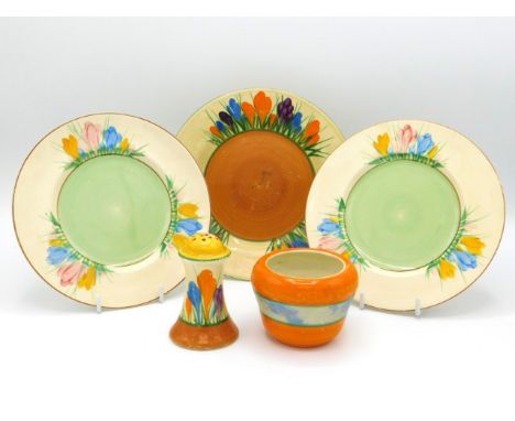 A Clarice Cliff Bizarre crocus design plate, 7in diameter, twinned with pepper pot &amp; marmalade jar, all with marks/losses