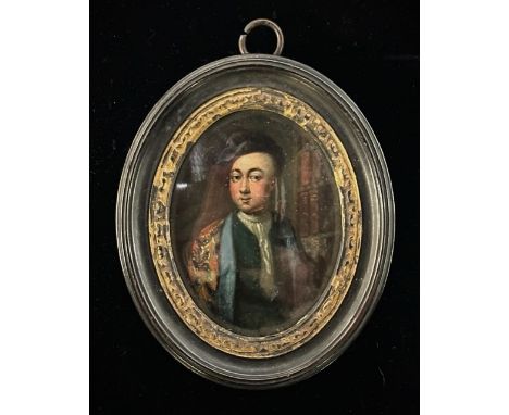 Samuel Scott (1702-1772), a miniature self portrait in oil, library as background, framed, in pencil to rear "Sam Scott, Nava
