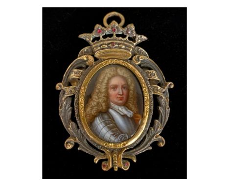 Jean Petitot (1607-1691), an enamel miniature portrait of the Dauphin wearing armour, set within a yellow metal, jewelled fra