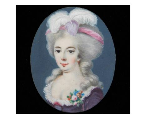 In the style of Peter Adolf Hall (1739-1793), an unframed miniature portrait of a lady with powdered wig &amp; pink ribbon, w