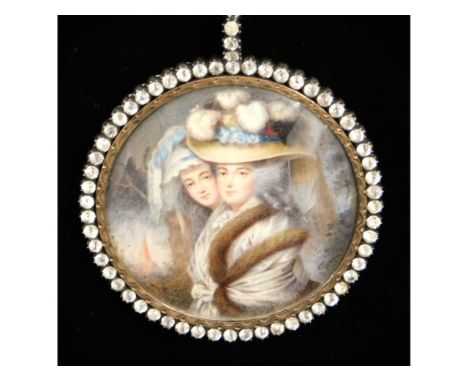 Heinrich Friedrich Füger (1751-1818), round miniature portrait of two ladies, one to the fore wearing hat with ostrich feathe