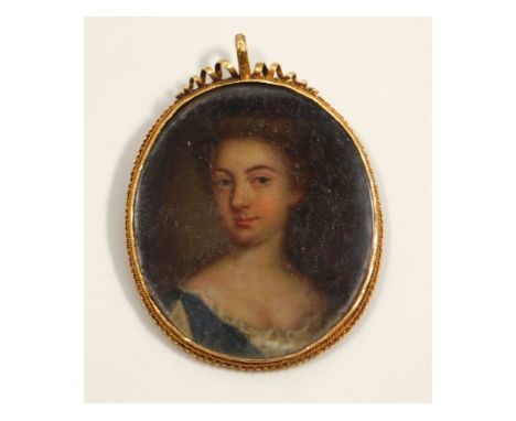 Thomas Flatman (1635-1688), a miniature oil portrait of Princess Mary, before she became Queen Mary II, shown in blue &amp; w