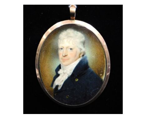 In the style of Andrew Plimer (1763-1837), a late 18thC. miniature portrait of gentleman in dark blue coat with brass buttons