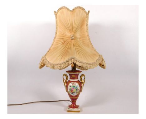 A French hand painted antique Limoges porcelain lamp with silk shade, 20in tall inclusive 