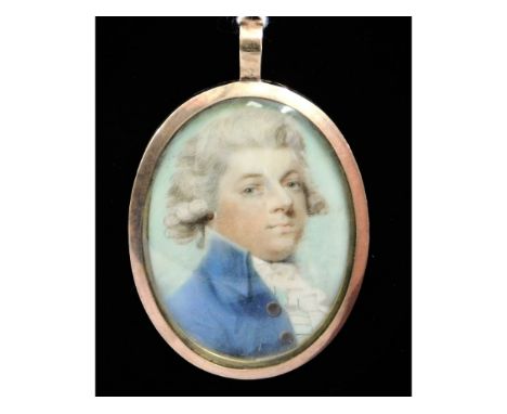 Jeremiah Meyer (1735-1780), a miniature portrait of a man with powdered hair, wearing a blue jacket &amp; white cravat, set i