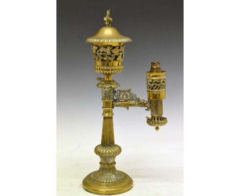 19th century brass Colza lamp, the urn-form reservoir with flame finial to top, the main body pierced and cast with grapes an