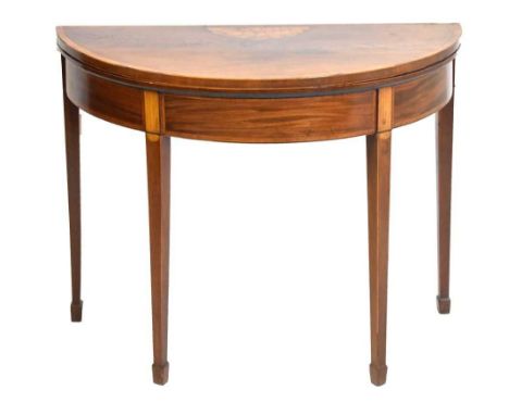 Mahogany and satinwood crossbanded and inlaid demi lune card table, 91cm x 43cm x 73cm high